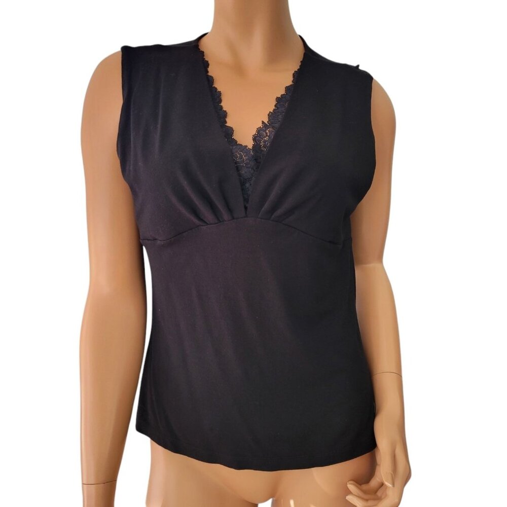 Vintage Talbots Tank Top Womens‎ Size Large Black Lace Trim Y2K Style Stretch